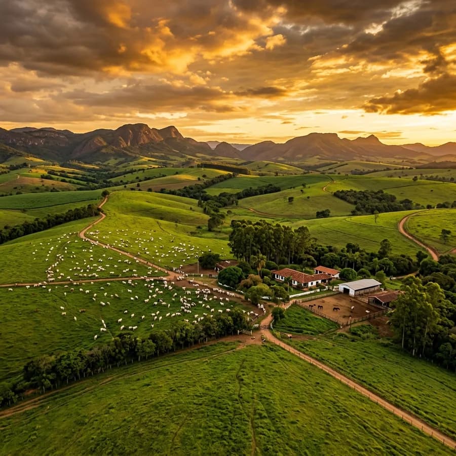 Fazenda no agronegócio do Mercosul — paisagem verde com gado